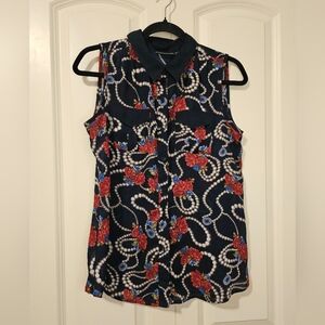 ROZ & ALI Blouse Womens Floral & Pearl Sleeveless Button Front Semi Sheer Sz M